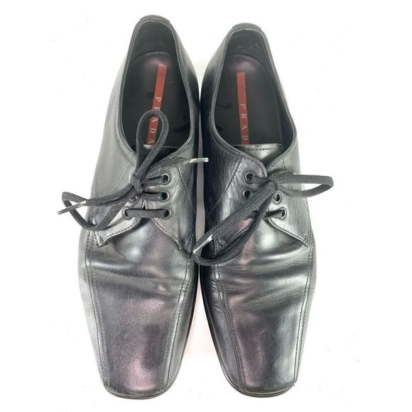 Prada Men’s Sz 8 1/2 Black Leather Lace Up Rubber Sole Square Toe Dress Shoes - Picture 4 of 12